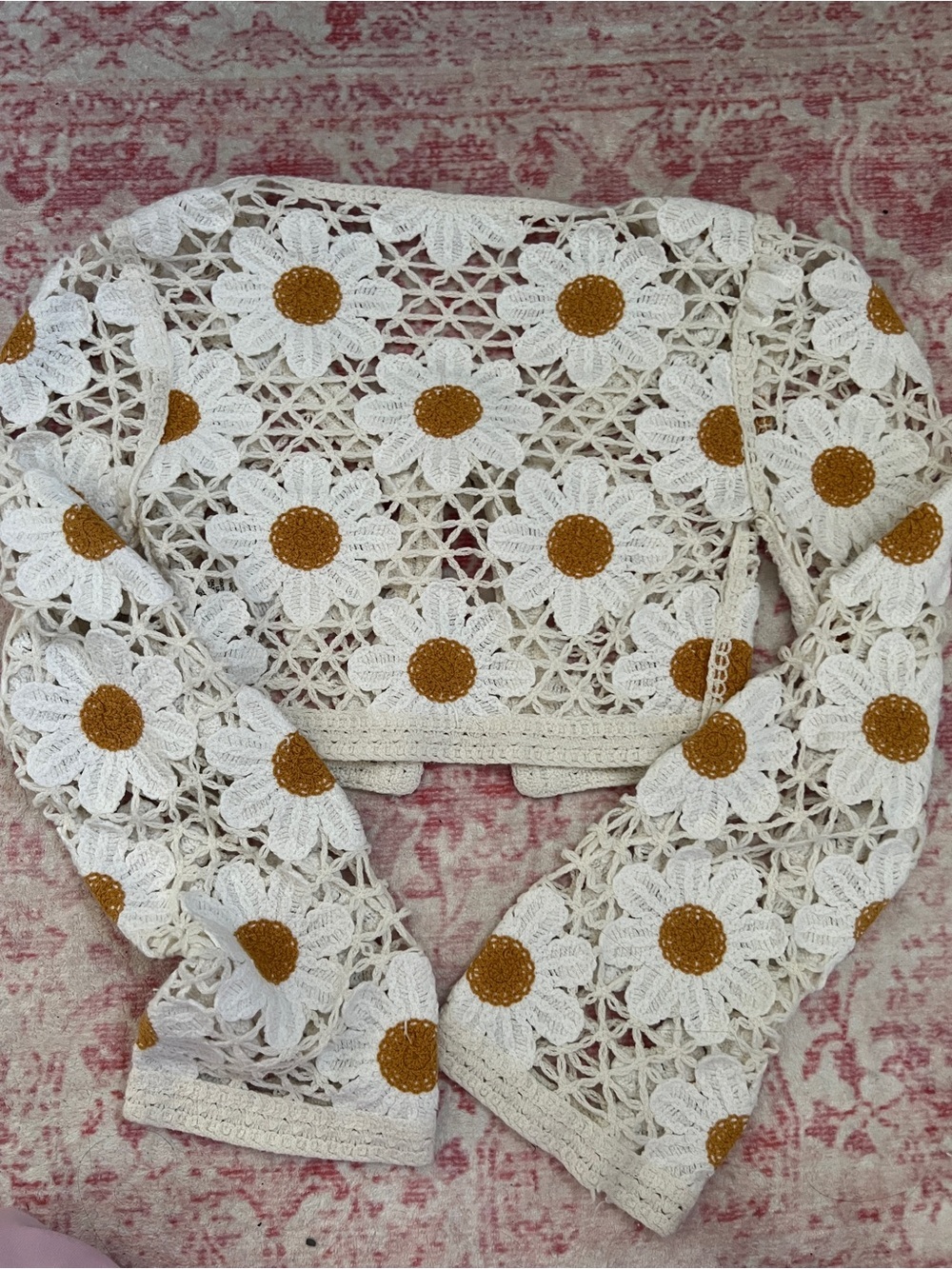 moon & madison Crochet Daisy Tie-Front Cardigan in Cream and Mustard - Picture 4 of 4